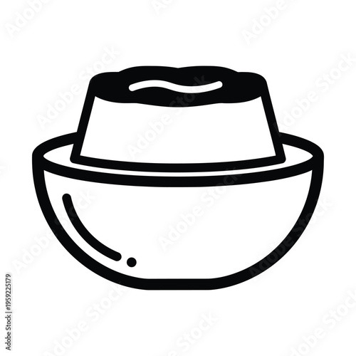 Simple black and white line art icon of a dessert, possibly a pudding or flan, inverted into a serving bowl.