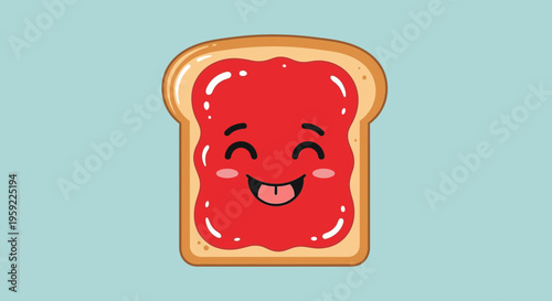 A cartoon slice of toast with a smiling face and red jam on a light blue background
