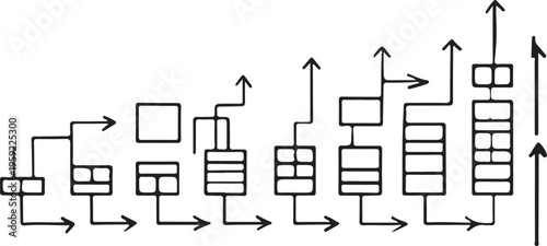 A schematic line drawing showing a series of increasing vertical stack structures and flow paths
