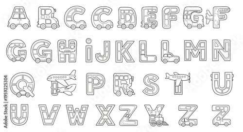 A vector graphic illustration of the alphabet with various vehicles and objects