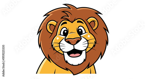 A cartoon lion with a big smile on its face is depicted in a colorful illustration.