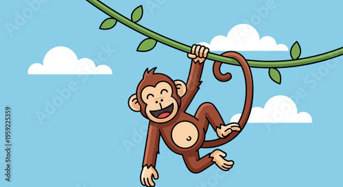 A cartoon monkey swinging from a green vine against a blue sky with white clouds