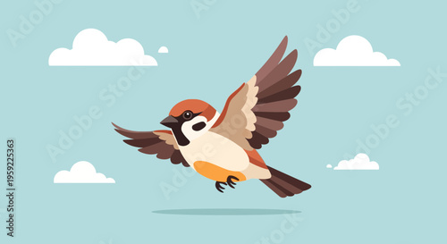 A colorful bird in flight with clouds in the background