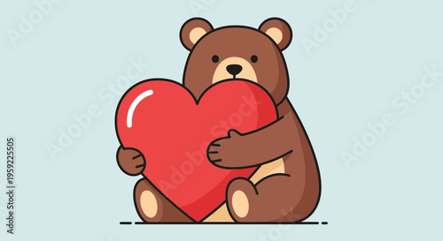A cute cartoon bear holding a large red heart in a loving gesture