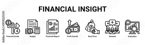Financial Insight web banner icon vector illustration featuring Financial Guide,Budget,Financial Report,Profit Growth,Best Price,Demand,and Evaluation