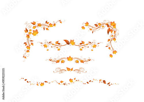 Autumn leaves, orange floral borders, vector frame designs, fall decorations