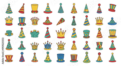 A colorful vector graphic illustration of various party hats and crowns on a white background