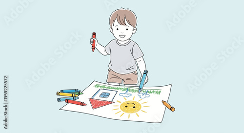 A happy young boy creating artwork with colorful crayons and markers on a large sheet of paper