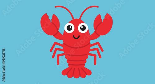 A cheerful cartoon lobster with big eyes and a smile on a light blue background