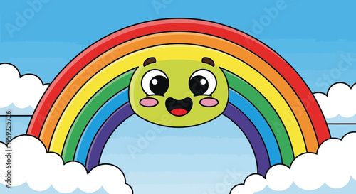 A colorful cartoon rainbow with a smiling face and clouds in the sky