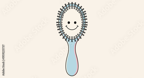 A smiling hairbrush with a blue handle and black bristles in a minimalist vector illustration