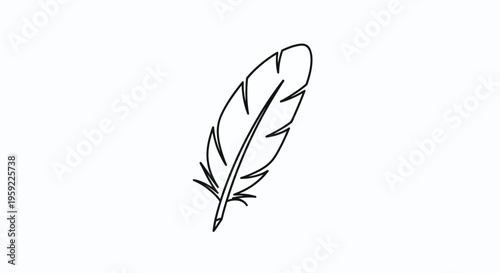 Minimalist Feather Icon, Simple Line Art Drawing of a Quill Pen Feather, Isolated on White Background