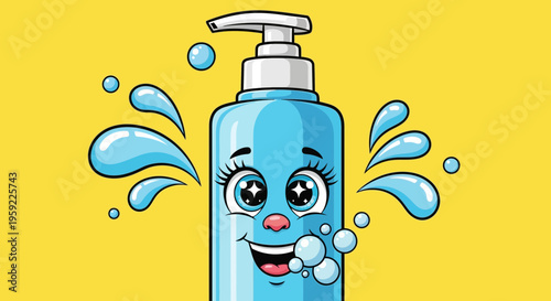 A cartoon illustration of a smiling blue bottle with a pump dispenser and water splashes on a yellow background