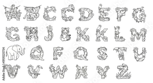 A whimsical vector illustration of the alphabet with animal designs
