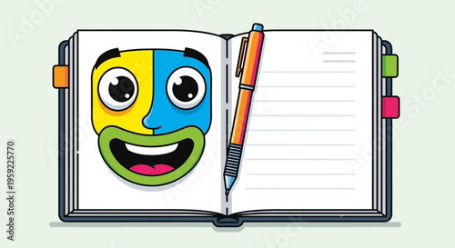 A colorful cartoon notebook with a smiling face and a pencil on a light green background