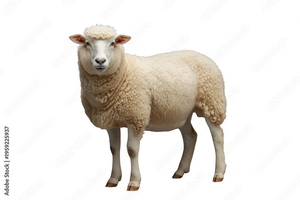 Fototapeta premium Sheep standing presenting fluffy white wool coat, farm animal looking at camera, agriculture livestock object