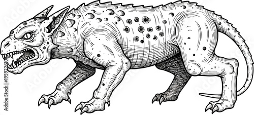 Spotted monster beast walking in profile