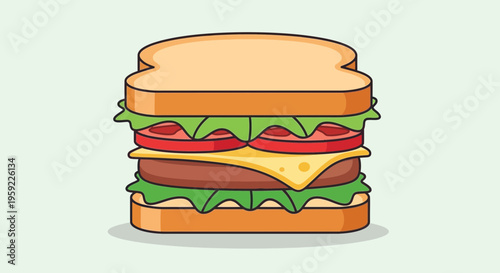 A colorful cartoon illustration of a cheeseburger with lettuce, tomato, and cheese on a toasted bun