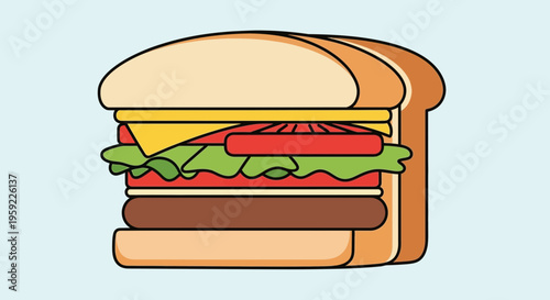 A colorful cartoon illustration of a hamburger with cheese, lettuce, and tomato on a light blue background