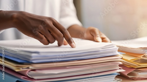 Focused african female adult pointing at layered paperwork and folders while reviewing documents on table