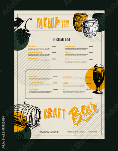 Craft Beer Menu Template, Beer Menu Design, Restaurant Menu, Premium Drinks, Vector Illustration