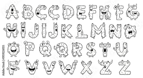 A vector graphic illustration of a monster alphabet, featuring cartoon creatures in the shape of letters from A to Z.