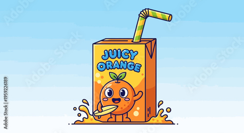 A cartoon orange character on a juice carton with a straw and splashing juice