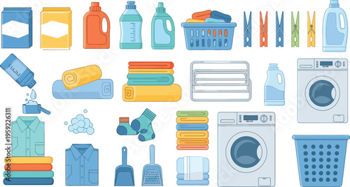 Laundry Day Vector Set with Detergent, Washing Machines, Towels, Clothes Baskets, and Household Cleaning Supplies for Home Care and Chores