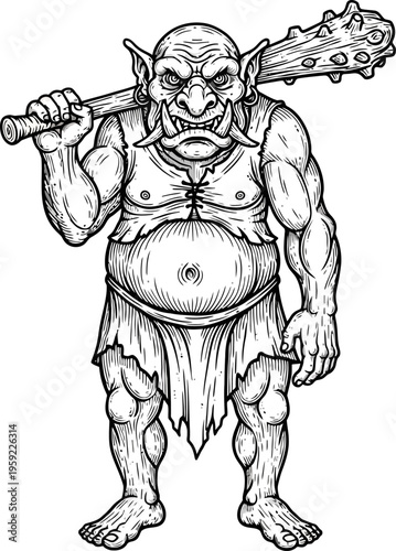 Ugly troll carrying a spiked wooden club over his shoulder
