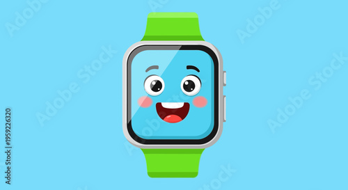 A cartoon smartwatch with a smiling face on its screen, set against a light blue background