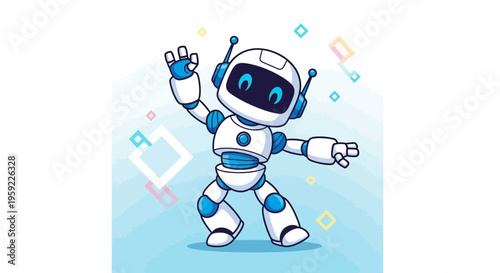A cheerful robot character with a white and blue design is depicted in a playful pose, surrounded by colorful geometric shapes.