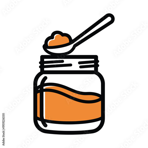Illustration of a jar filled with orange food, with a spoon resting on top, holding a scoop of the same food, against a white background.