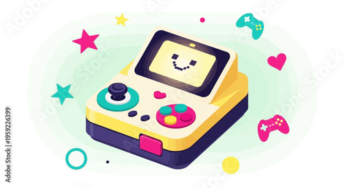 A colorful vector illustration of a handheld video game console with a smiling screen surrounded by fun icons and symbols.