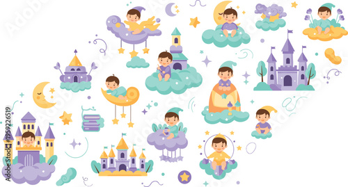 Cute Baby Fantasy Dreamland Vector Set with Infant Characters on Clouds, Fairytale Castles, Moon Stars Illustration for Nursery Design and Kids Magical Graphics.