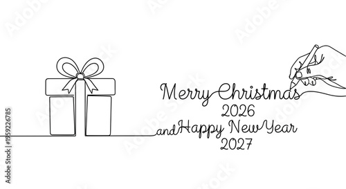 Merry Christmas 2026 and Happy New Year 2027 greeting with gift box and hand writing