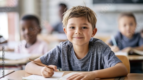 Smiling male child student in classroom writing with pencil at desk happy confident elementary school portrait