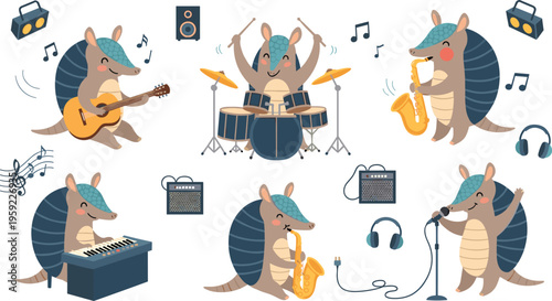 Musical Armadillo Band Vector Set with Guitar, Drums, Saxophone, Keyboard, and Microphone for Fun, Music, and Animal Illustration Projects