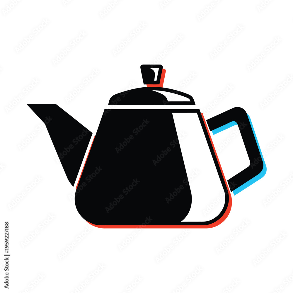 Obraz premium Stylized black teapot with a modern glitch effect and red and blue outlines on a white background.
