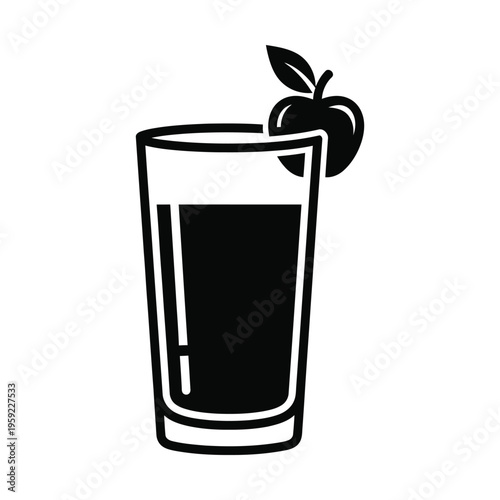 Black and white icon of a tall glass filled with juice, garnished with an apple slice and a leaf, representing a refreshing beverage.
