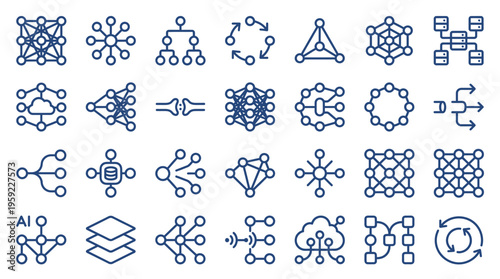 Set of neural network and artificial intelligence connection icons, representing complex systems, data flow, and machine learning concepts