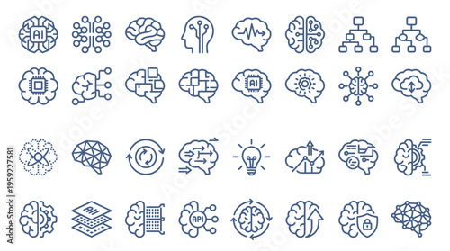 Collection of AI and Brain-Related Icons Illustrating Artificial Intelligence Concepts