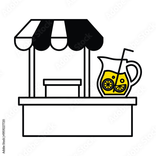 Simple line art illustration of a classic lemonade stand with a striped awning and a pitcher of fresh lemonade.