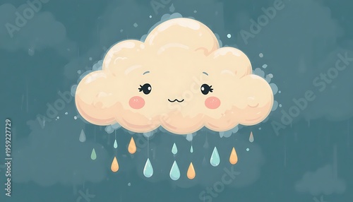 Cute Kawaii Rain Cloud Cartoon Character with Smiley Face