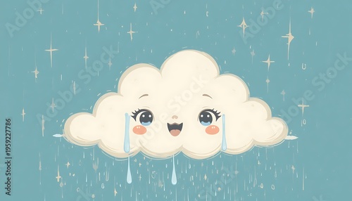 Smiling Kawaii Cloud Character with Sparkling Raindrops
