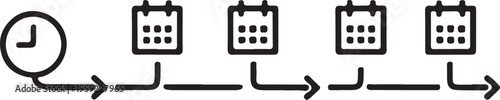 A simple black and white line art icon showing a clock connected to a recurring calendar timeline