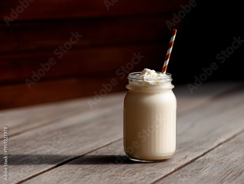 Delicious milkshake in a glass jar with whipped cream and a straw on a wooden surface in natural light
