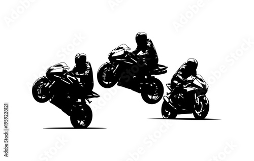 Dynamic Trio of Motorcycle Riders in Mid-Action