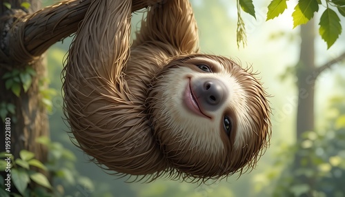 Cute sloth hanging on a tree branch in tropical rainforest
