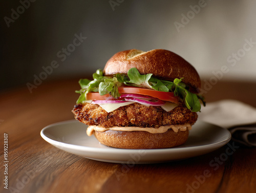 Crispy chicken sandwich on a plate with vegetables and sauce in a casual dining setting