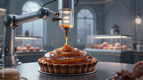 A robotic arm precisely dispenses caramel sauce onto a pastry in a modern bakery.